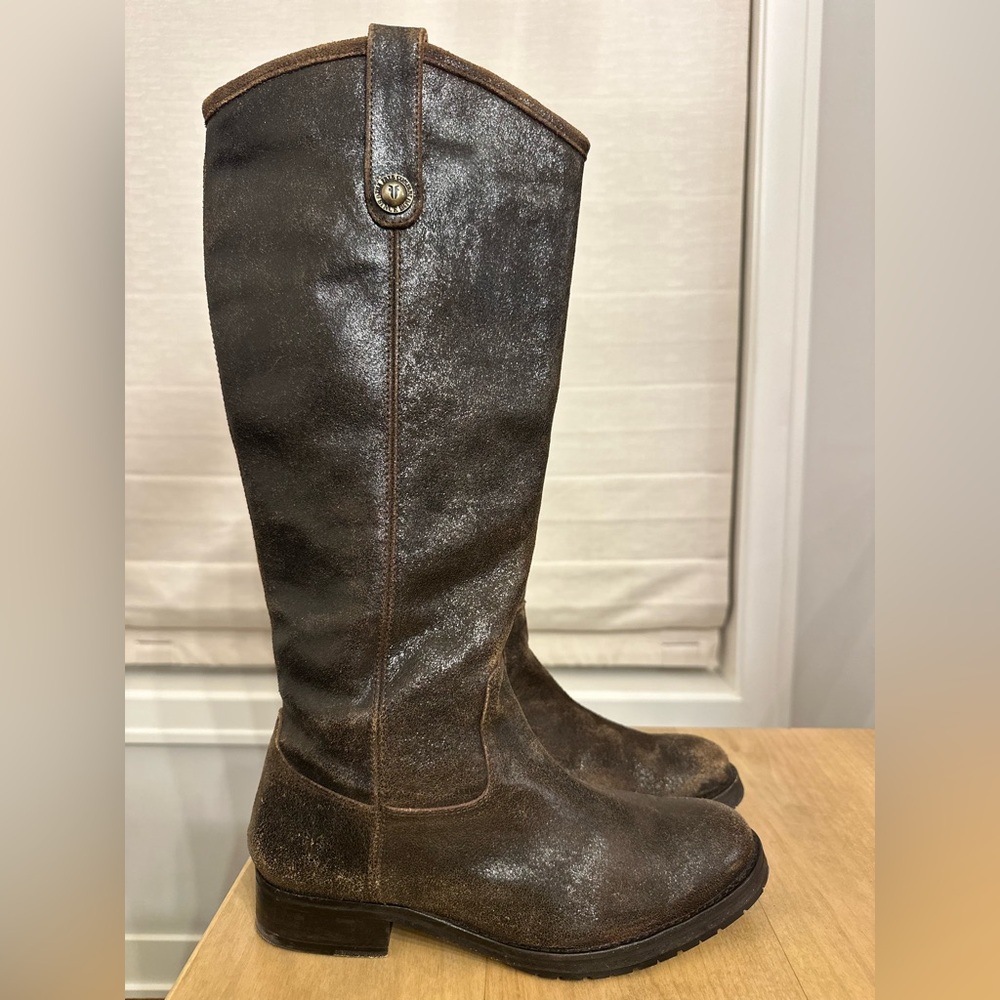 FRYE Melissa Button Riding Boots Brown Crackled Distressed Leather Womens Size 9